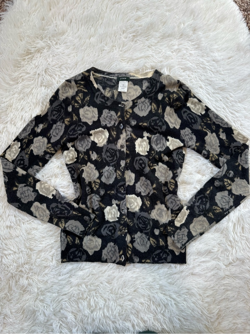 J. Crew black grey floral rose print button down cardigan merino wool size XS